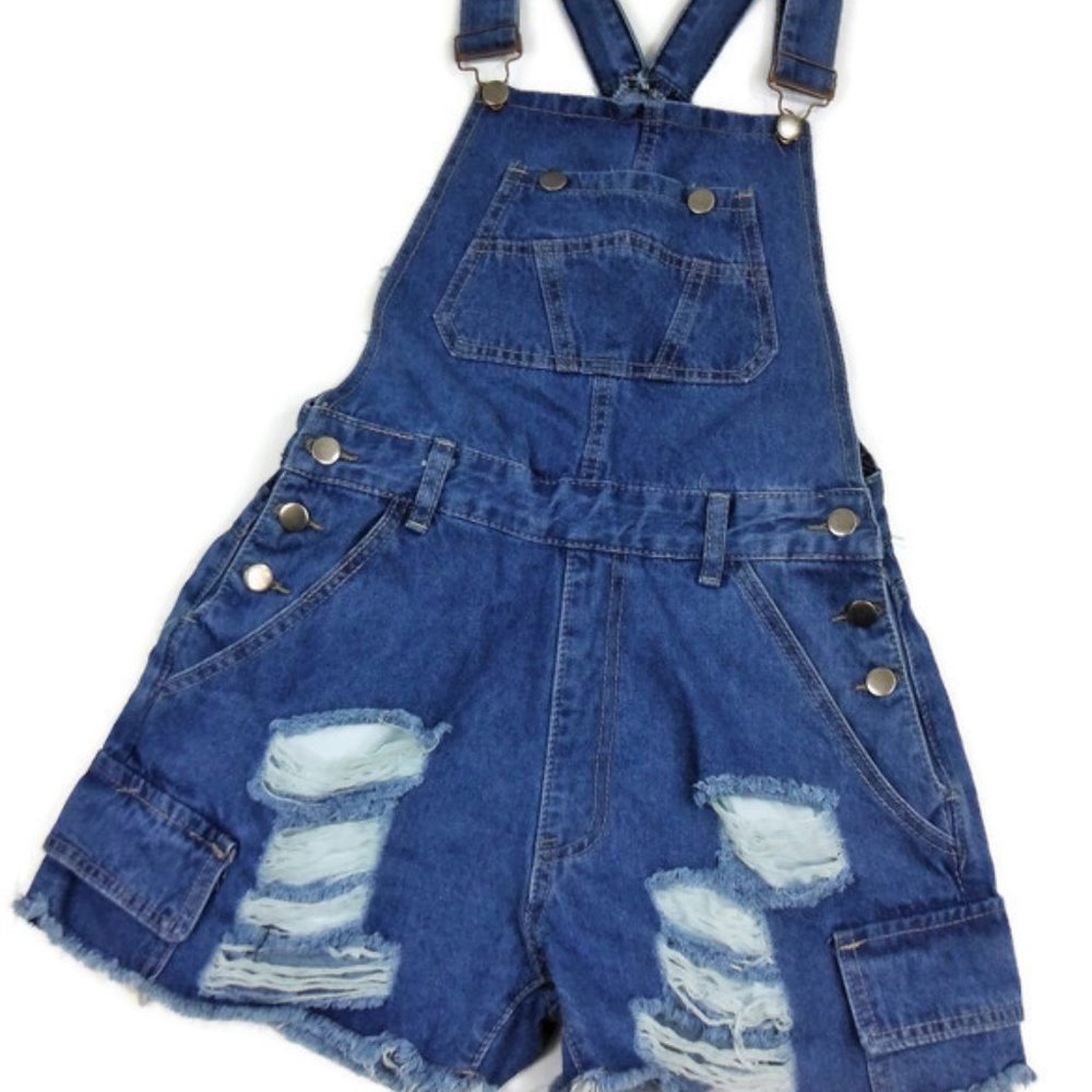 Womans Distressed Denim Bib Overall Shorts -S